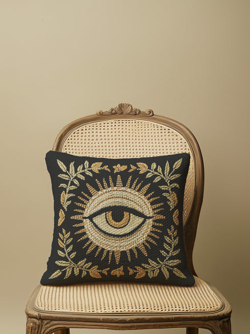 A black woven throw pillow with intricate gold and ivory embroidery featuring an Evil Eye motif, surrounded by botanical flourishes and sunburst details.
